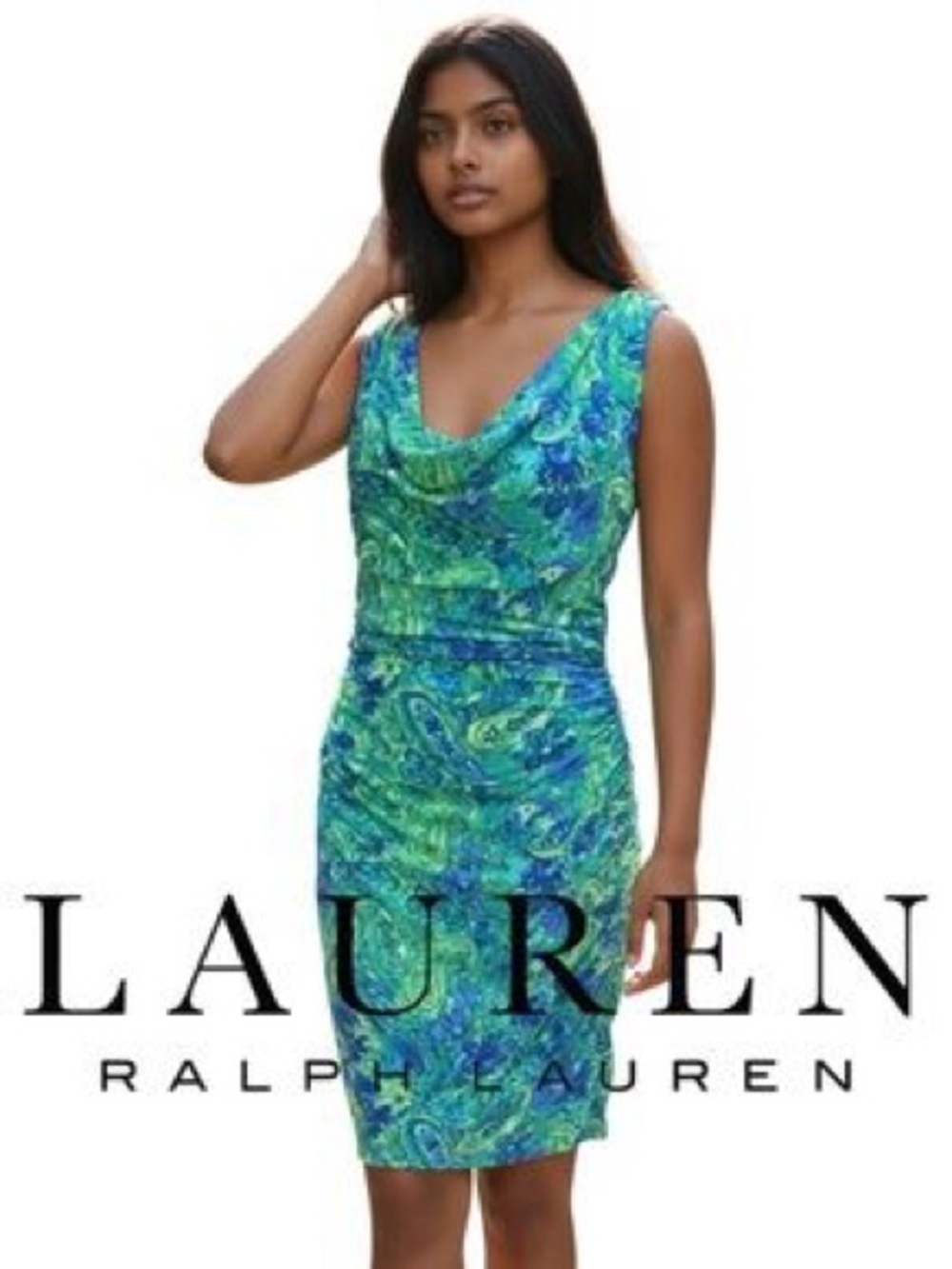 Lauren Ralph Lauren Green-Blue Paisley Cowl Sheath Dress